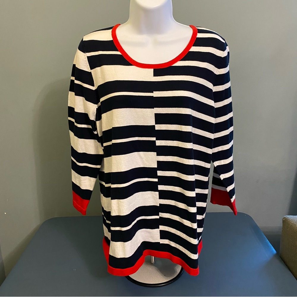 NWT Alison Sheri Black & White Strip Red Scoop Neck Pullover Sweater 3/4 Sle…